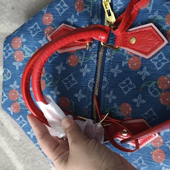 LV Denim Cherry Speedy 30 Like Satchel Monogram Croc Style Cherry Red - Picture 8 of 13